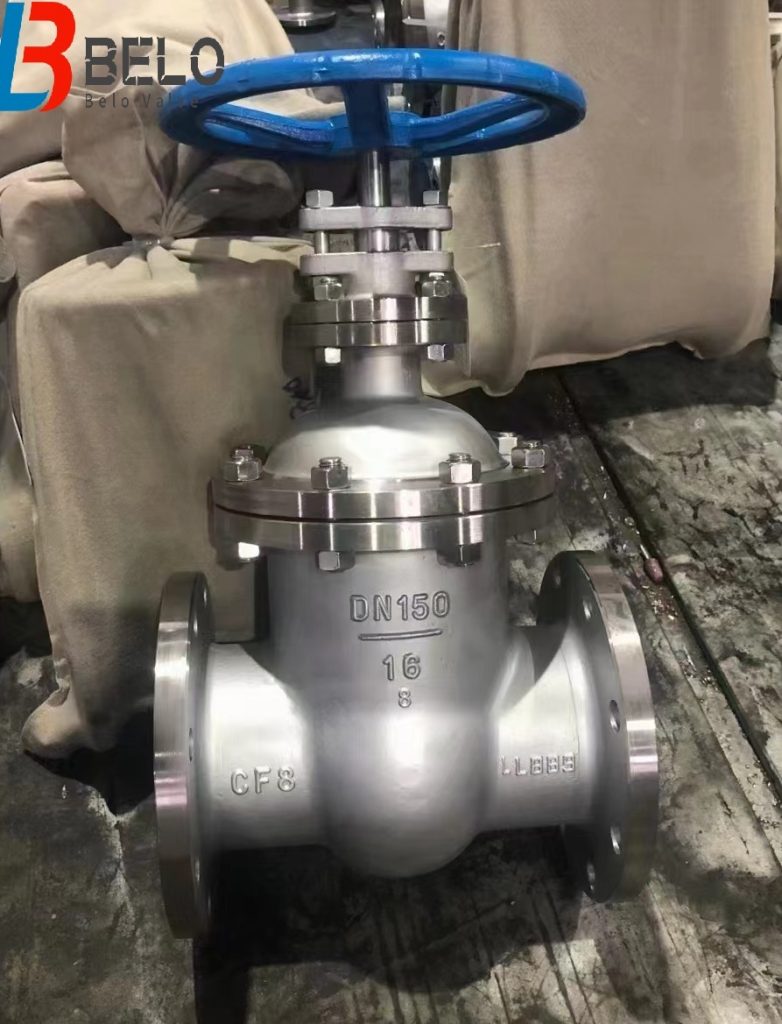 DN150-PN16 stainless steel CF8 metal hard sealing flange gate valve-Belo Valve
