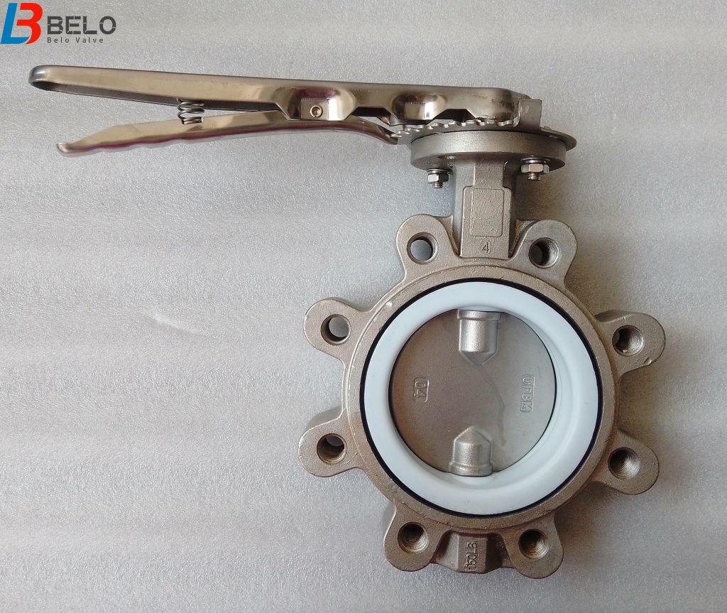 manual lever operated stainless steel concentric lugged PTFE lined butterfly valve with two half shafts-Belo Valve