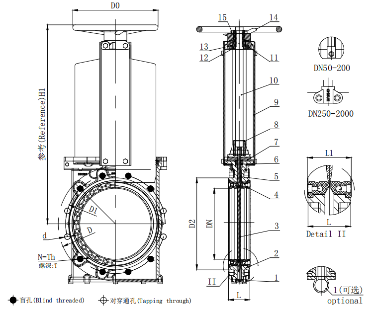 Technical drawing for ANSI GGG40 DI bidirectional wafer type knife gate valve