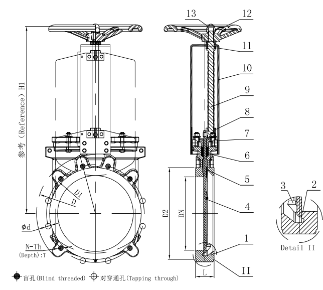Technical drawing for ANSI stainless steel 316 metal to metal hard sealed unidirectional wafer lug knife gate valve-Belo Valve