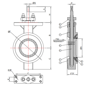 technical drawing for Class 150 wafer type high performance butterfly valve-Belo Valve