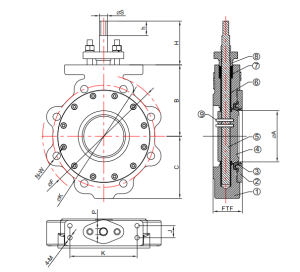 technical drawing for Class 150 lugged type high performance butterfly valve-Belo Valve